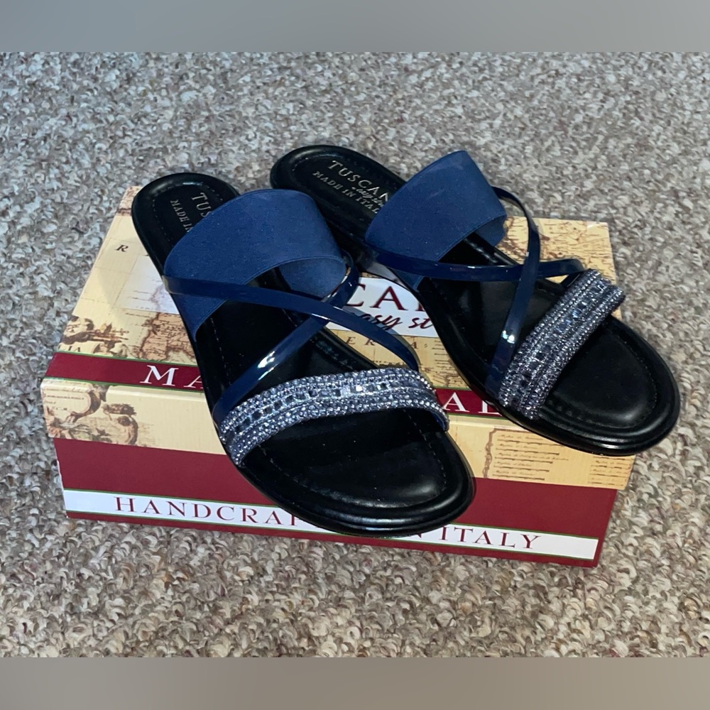Tuscany by Easy Street Navy/black leather Sandals/w Sparkle rhinestone Accent 11
